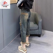 范哲狼（FANZELANG）大碼破洞牛仔褲女2025年新款夏季薄款直筒老爹褲子胖mm顯瘦哈倫褲 藍(lán)色長(zhǎng)褲/無(wú)腰帶【高品質(zhì)】 3XL 建議150-165斤