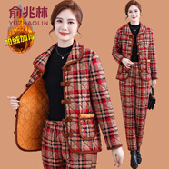 俞兆林（YUZHAOLIN）中老年媽媽格子棉衣棉褲兩件套女老太太冬裝加絨加厚保暖棉服套裝 紅色 XL (參考90-105斤)