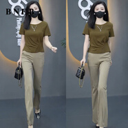 BNEB夏季復古時(shí)尚套裝女2025新款洋氣短袖T恤高檔氣質(zhì)微喇叭褲一整套 咖啡短袖+卡其褲子（套裝） XL 建議（115-125斤）