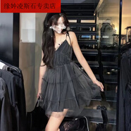 緣妕凌黑色網(wǎng)紗v領(lǐng)吊帶連衣裙女裝2023夏季純欲收腰顯瘦蓬蓬短裙子 灰色 S