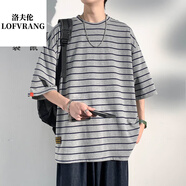 洛夫倫 LOFVRANG條紋短袖T恤男士夏季2025新款潮牌潮流寬松胖子大碼寬松半袖衣服 灰色 L