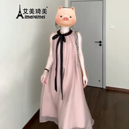 艾美琦美（AIMEIQIMEI）新款夏天溫柔風(fēng)寬松系帶連衣裙2025夏季無袖海邊度假中長款裙子女 粉色 XL