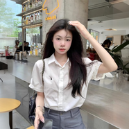 衣然呈品小兔子刺繡POLO領(lǐng)短袖襯衫女夏季新款小眾開衫襯衣寬松休閑上衣女 白色 M 【建議95-110斤】