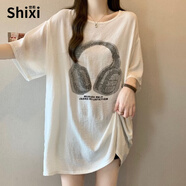 世希重工燙鉆印花短袖T恤女夏季新款大碼胖mm中長(zhǎng)款遮肚歐貨大版上衣 [優(yōu)質(zhì)版]白色 L [100-120斤]