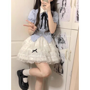 詩(shī)蒂淑韓系甜美小個(gè)子清新撞色POLO領(lǐng)襯衣高腰設計感蓬蓬裙套裝裙夏季女 藍色襯衫 S