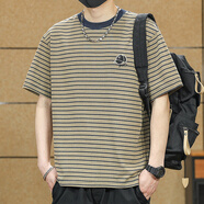 依郎酷高端美式復古美拉德條紋短袖t恤男夏季新款半袖寬松簡約刺繡體恤 藍卡條紋 L 【適合130-145斤】