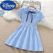 迪士尼（Disney）女童連衣裙夏款新款洋氣學(xué)院風(fēng)純棉薄款短袖兒童裙子夏季 淺藍(lán)色連衣裙 130 建議身高120厘米