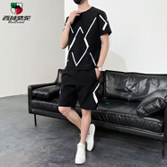 西域駱駝（VANCAMEL）運動(dòng)服套裝男跑步短袖冰絲夏季速干衣籃球服羽毛健身衣服短褲夏天 ZT01黑色 M 【80-100斤】