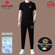 皮爾卡丹高端品牌男士休閑運動(dòng)T恤套裝男士短袖冰絲時(shí)尚高端長(cháng)褲夏裝男裝 黑色 522款 L （適合體重120-140斤）