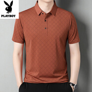花花公子（PLAYBOY）純棉男士短袖T恤夏季新款中青年休閑翻領(lǐng)寬松格子體恤大碼爸爸裝 桔紅色 MRL8952 M 165