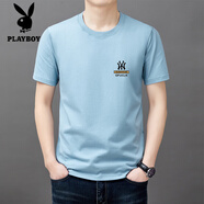 花花公子（PLAYBOY）高檔男士短袖t恤純棉圓領(lǐng)半袖上衣2025夏季薄款休閑涼感體恤衫男 短袖YW25818藍色 XL 175建議135-150斤