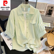 皮爾卡丹（pierre cardin）大尺碼條紋短袖襯衫女2025春夏新款小清新寬松薄款襯衫上衣女 綠色 L 80-120斤