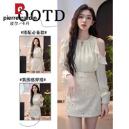 皮爾卡丹（pierre cardin）小香風(fēng)套裝女法式圓領(lǐng)露肩長(cháng)袖襯衫亮片半身裙名媛女神范兩件套裝 單件上衣+單件短裙 XL