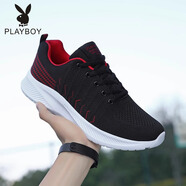 花花公子（PLAYBOY）男鞋夏季新款飛織網(wǎng)面透氣休閑運動(dòng)爸爸鞋軟底休閑旅游鞋輕便防滑 黑紅 41  標準運動(dòng)碼
