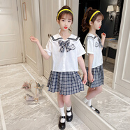 洽函女童jk裙套裝兒童短袖小學(xué)生春天裙校服百褶裙學(xué)院風(fēng)襯衫夏季 藏青色 120