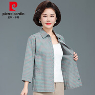皮爾卡丹中老年女夏季襯衫七分袖純棉格子50歲奶奶襯衣春裝薄外套老人衣服 億2506綠色格子 XL 建議(100到120斤