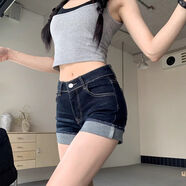 妙奕嘉美式牛仔超短褲女外穿辣妹夏季褲子熱褲高腰顯腿長緊身2025年新款 水洗翻邊牛仔短褲【深藍色】 M 【建議90-105斤】