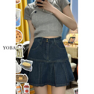 HUALIN FASHION高腰百褶牛仔短裙顯瘦遮肚字包臀夏季大碼 復(fù)古藍(lán) M