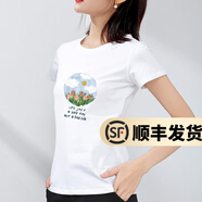 幻黛短袖t恤女夏季女裝棉白色打底衫品牌純色女士短袖新款印花白t恤女 白色款-油畫(huà)花朵 M 【建議90-100斤】