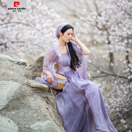 皮爾卡丹（pierre cardin）【1.8萬(wàn)人收藏】春夏新款復(fù)古宮廷風(fēng)方領(lǐng)氣質(zhì)紫色仙氣飄逸喇叭袖 紫色裙子+頭巾 S 85-100斤