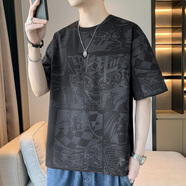 質(zhì)獅衣頻 大碼冰絲短袖t恤男士夏季潮流滿花寬松上衣加肥加大胖子男裝 黑色 M