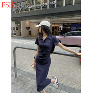 FSHE韓版運動(dòng)風(fēng)Polo領(lǐng)連衣裙女秋季2025新款褶皺收腰顯瘦短袖裙子 藏青色長(cháng)款 L
