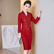 紫魅俏婚禮媽媽裝連衣裙婚宴裝禮服高貴參加敬酒服高端喜婆婆中老年女裝 酒紅色【九分袖】 L (建議105-115斤)