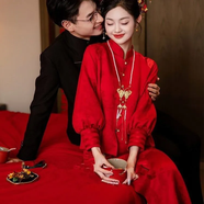 皮爾卡丹（pierre cardin）紅色新中式敬酒服旗袍春秋季新款高端新娘訂婚禮服回門(mén)套裝女晨袍 甜櫻酒紅色套裝 加項鏈 常規 2XL 適合125-135斤