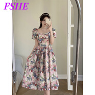 FSHE春夏穿搭法式碎花吊帶連衣裙女裝海邊度假沙灘裙子 短袖連衣裙 M