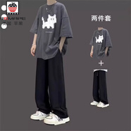 AEMAPE夏季套裝男士設(shè)計(jì)感潮流短袖T恤學(xué)生酷帥氣兩件套炸街搭配直筒褲 [T172套裝]上衣深灰+薄款直筒 2XL 身高175左右體重140斤左右