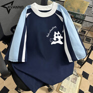 KVANNO白灰重磅棉質(zhì)插肩短袖T恤男夏季新款美式潮流休閑寬松半袖體恤衫 藏青色aa   小黑貓抱魚 2XL 【140-165斤】