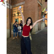 啄木鳥(niǎo)彈力修身短款針織吊帶背心女夏季外穿收腰露臍無(wú)袖上衣 紅色 XL