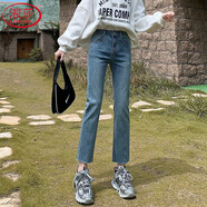 浪莎直筒牛仔褲女2025年春秋新款寬松高腰顯瘦彈力小個子九分煙管褲