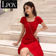 LPOX連衣裙2025新款氣質(zhì)短袖 桔梗裙子女學(xué)生韓版修身收腰 夏季 紅色_大紅 S _建議75-90.