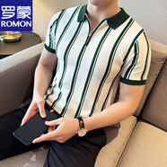 羅蒙（ROMON）半拉鏈撞色條紋短袖POLO 衫男夏季潮流輕熟雅痞修身翻領(lǐng)半袖體恤 白色 XL