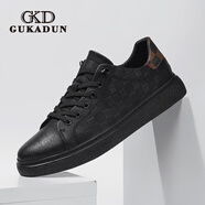 古卡頓（GUKADUN）男鞋夏季新款板鞋男士軟底透氣休閑皮鞋平板一腳蹬鞋子男復古薄款 黑色 42