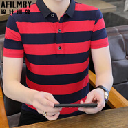 AFILMBY翻領(lǐng)短袖T恤男士夏季半袖衣服男夏天POLO男生條紋t恤休閑打底衫 大紅 3XL (145-160斤)