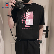 AEMAPE短袖T恤男撞色拼接條紋ins潮牌半袖2025新款夏季男裝薄款半截袖帥 鏤空小熊黑色 2XL 建議160斤以內(nèi)