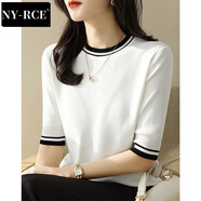 NY-RCE半高圓領(lǐng)五分袖拼色針織衫t恤女夏季2025新款寬松中袖冰絲上衣薄 白色 2XL
