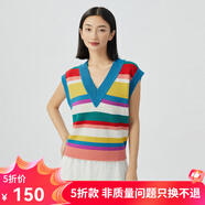 哥弟真的好（GIRDEAR）女裝V領拼色提花寬松馬甲背心純羊毛針織衫女A301010 藍彩條 L (4碼)