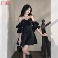 FSHE法式一字肩黑色蝴蝶結(jié)吊帶連衣裙女夏感小眾設(shè)計小個子小黑裙 連衣裙 XL