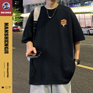楠笙記重磅純棉寬松短袖T恤男夏季新款卡通半袖港風(fēng)抗皺潮牌白色體恤衫 黑色 L