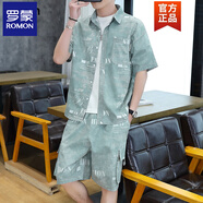 羅蒙（ROMON）休閑運(yùn)動(dòng)套裝男士夏季潮流牛仔純棉短袖襯衫短褲一套男裝帥氣搭配 6371套裝-綠色 3XL (約150~170斤可穿)