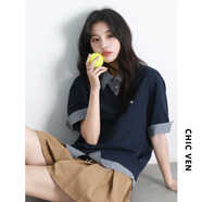 CHIC VEN 2025夏季新款miu系假兩件撞色格子短袖T恤拼接polo衫女潮chicven 藏青色 M （50-60公斤）