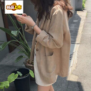 初徑2025新款棉麻小西裝外套女春秋新款韓版寬松休閑亞麻薄款西服復(fù)古 駝色 XL