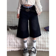 風(fēng)采兔 高街高腰闊腿牛仔短褲女2025夏季新款寬松休閑顯瘦直筒七分褲子 黑色 S