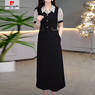 皮爾卡丹（pierre cardin）時尚2025新款氣質(zhì)夏季連衣裙拼接條紋新款大碼裙子顯瘦假兩件裙子 黑色 L (建議90-105斤)