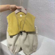 GOOFLORON男童背心套裝夏季童裝新款兒童夏裝寶寶無(wú)袖衣服棉麻兩件套潮 黃色上衣+杏色褲 80 cm