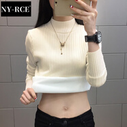 NY-RCE半高領(lǐng)加絨毛衣打底衫女新款秋冬女士加厚保暖修身內(nèi)搭針織衫 米白色(純色袖) 加絨 XL