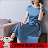 ac mmng2025新款真絲連衣裙夏修身顯瘦短袖圓領(lǐng)a字裙桑蠶絲純色氣質(zhì)中裙 湖藍(lán)色 L （建議106-118斤左右）